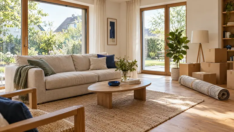 Helles Wohnzimmer mit Sofa und großen Fenstern zum Garten