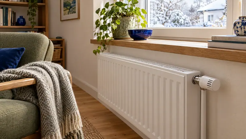 Weißer Heizkörper mit Thermostatkopf unter einem Fenster in einem hellen Wohnzimmer