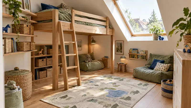 Kleines helles Kinderzimmer mit Hochbett, offenen Regalen und freier Spielfläche