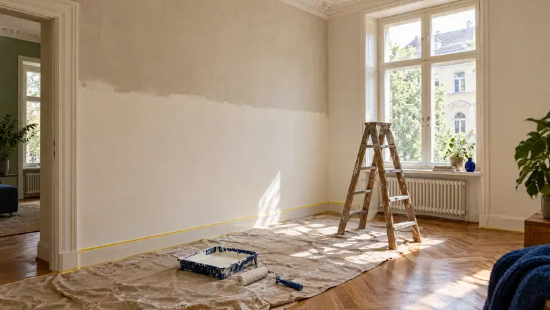 Leerer Raum mit einer halb gestrichenen Wand, auf dem abgedeckten Boden liegt eine Farbrolle neben einem Farbeimer