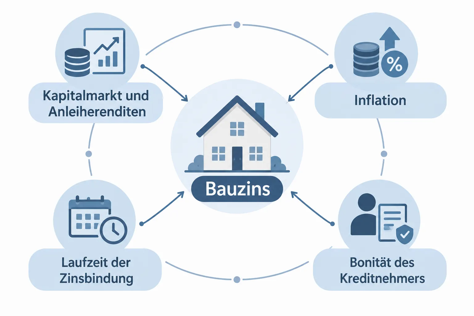 Infografik zu den Einflussfaktoren auf den Bauzins: Kapitalmarkt und Anleiherenditen, Inflation, Laufzeit der Zinsbindung und Bonität des Kreditnehmers