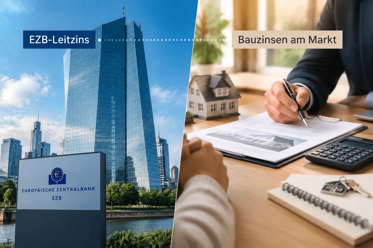 Bildmontage: Gebäude der Europäischen Zentralbank in Frankfurt neben einem Schreibtisch mit Kreditunterlagen, Hausmodell und Taschenrechner, beschriftet mit EZB Leitzins und Bauzinsen am Markt