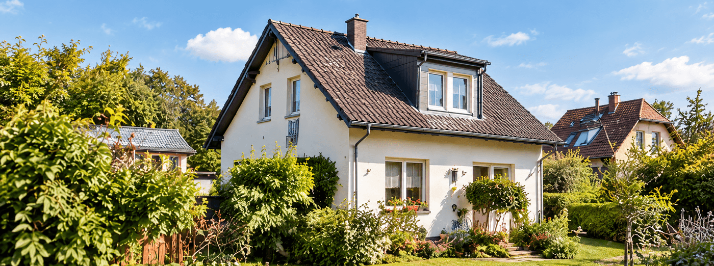 Weißes Einfamilienhaus mit dunklem Dach in einem grünen Garten unter blauem Himmel, Symbolbild für die Frage, wie viel Haus du dir leisten kannst