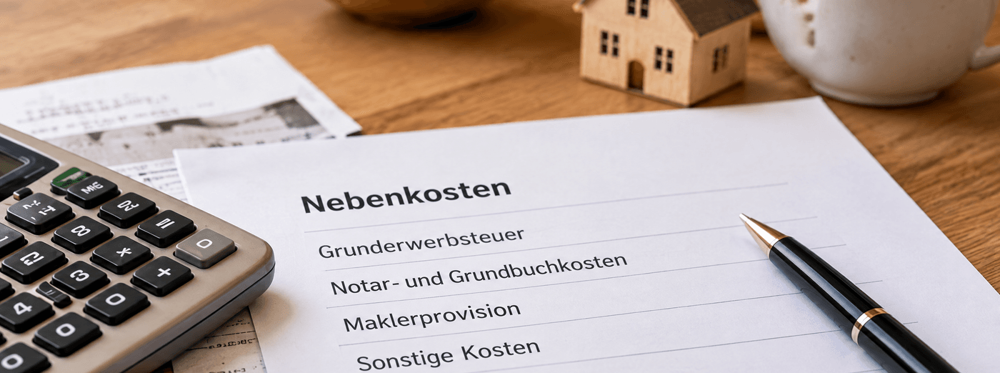Schreibtisch mit Taschenrechner, Kugelschreiber, kleinem Holzhaus und einer handschriftlichen Aufstellung der Kaufnebenkosten