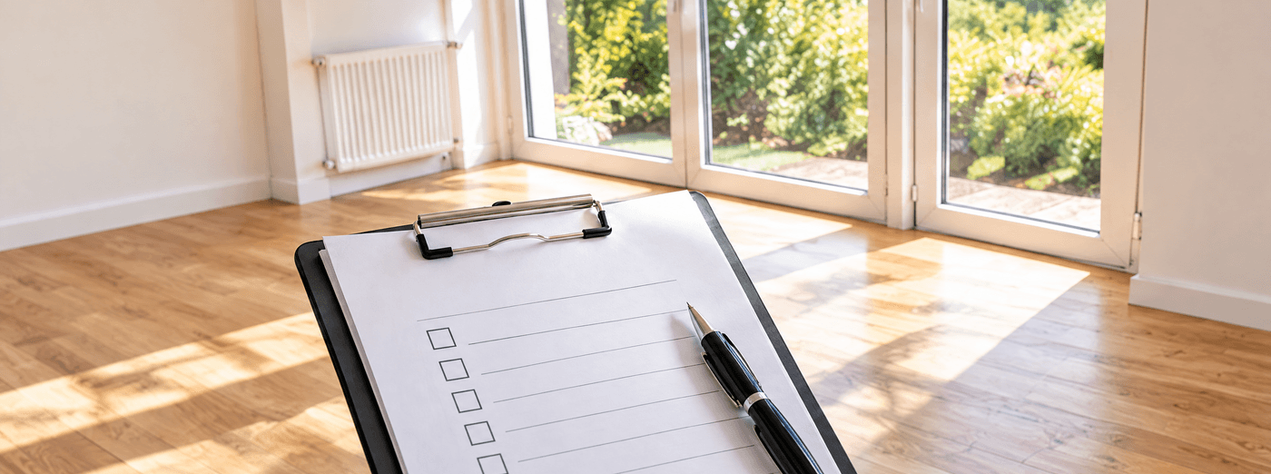 Leerer heller Raum mit Eichenboden und großen Fenstern zum Garten, im Vordergrund ein Klemmbrett mit Checkliste und Stift