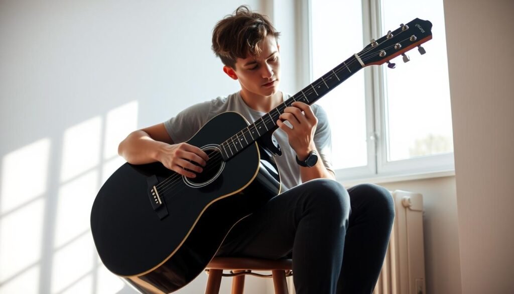 A beginner guitarist sitting on a stool, intently focused on their black acoustic guitar, illuminated by soft, natural lighting streaming through a window. The guitar's rich, ebony finish is complemented by the warm, wooden tones of the instrument's body. The guitarist's hands are delicately positioned on the fretboard, their expression one of concentration and determination as they navigate the strings. The background is a minimalist, neutral-toned space, allowing the subject to be the primary focus. The scene conveys a sense of learning, growth, and the rewarding journey of picking up a new musical skill.