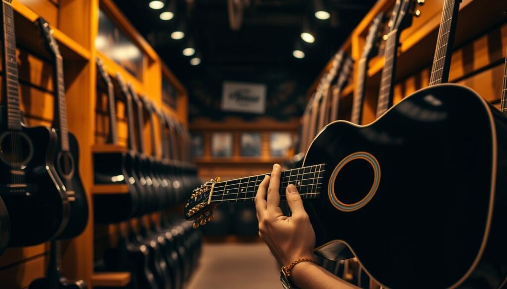 A dimly lit music store interior, with rows of gleaming black acoustic guitars displayed on wooden shelves. Soft, warm lighting casts a cozy glow, highlighting the guitars' smooth curves and ebony bodies. In the foreground, a customer examines a particularly striking model, their hands caressing the instrument's neck as they consider its purchase. The scene evokes a sense of quiet contemplation, the air thick with the potential of finding the perfect guitar. The background is softly blurred, drawing the viewer's focus to the central figure and the instrument they hold, captured in a moment of thoughtful decision-making.