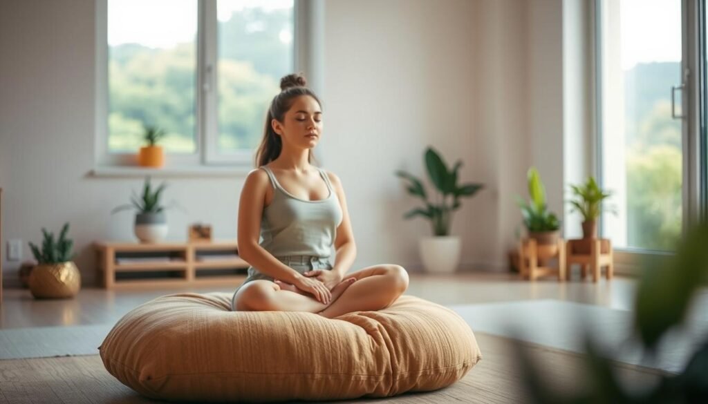 A serene and tranquil scene of a person practicing relaxation techniques to alleviate the symptoms of tinnitus. In the foreground, a person sits cross-legged on a plush, earthy-toned meditation cushion, eyes closed, and hands resting gently on their lap. Soft, diffused lighting casts a warm, calming glow, creating a sense of peace and inner focus. In the middle ground, a simple, minimalist room with soothing, muted colors and clean lines. Potted plants and a few carefully chosen decorative elements add a touch of natural, grounding elements. The background features a blurred, out-of-focus landscape with lush, verdant foliage, suggesting a connection to the natural world and its healing properties. The overall atmosphere is one of relaxation, mindfulness, and a gentle, therapeutic approach to managing the challenges of tinnitus. A serene and tranquil scene of a person practicing relaxation techniques to alleviate the symptoms of tinnitus. In the foreground, a person sits cross-legged on a plush, earthy-toned meditation cushion, eyes closed, and hands resting gently on their lap. Soft, diffused lighting casts a warm, calming glow, creating a sense of peace and inner focus. In the middle ground, a simple, minimalist room with soothing, muted colors and clean lines. Potted plants and a few carefully chosen decorative elements add a touch of natural, grounding elements. The background features a blurred, out-of-focus landscape with lush, verdant foliage, suggesting a connection to the natural world and its healing properties. The overall atmosphere is one of relaxation, mindfulness, and a gentle, therapeutic approach to managing the challenges of tinnitus.